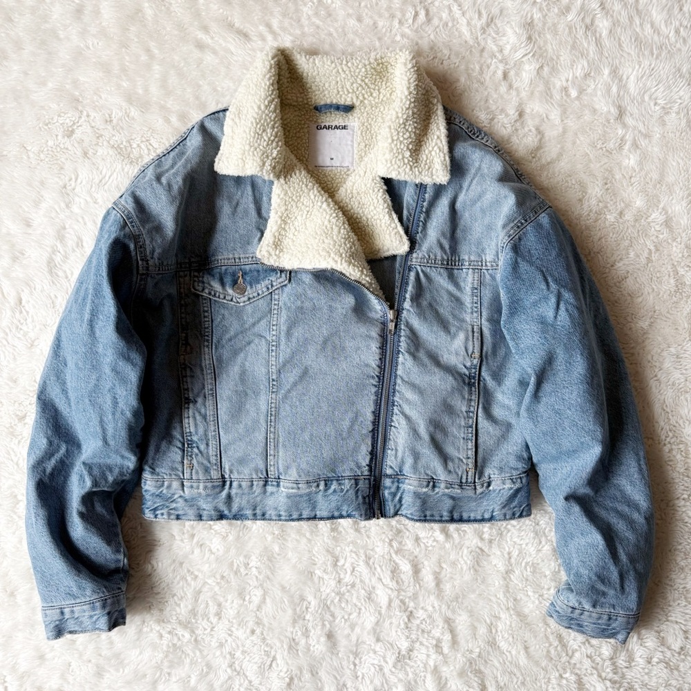 Garage Woman Blue Denim Sherpa Aviator Crop Jean Jacket MEDIUM Boho Country Folk - Picture 4 of 9
